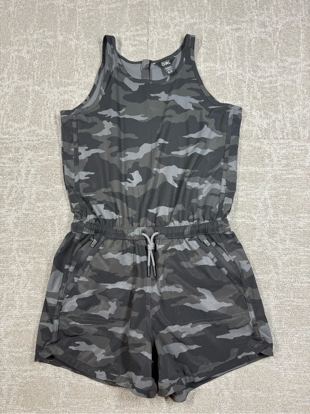 Athleta Girl On the Go One Piece Romper Black Camouflage Drawstring Waist Sz XL